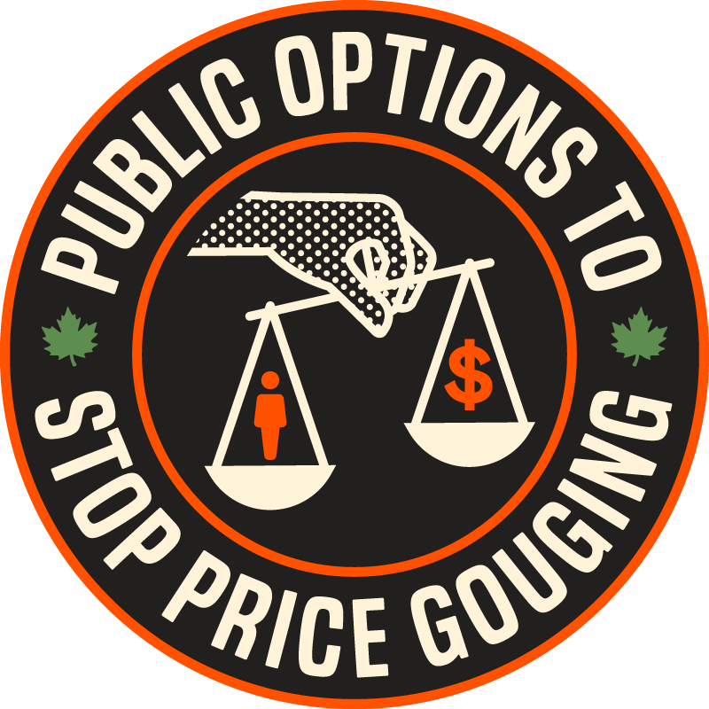 Circular campaign badge reading 'Public Options to Stop Price Gouging' with a scale showing a person outweighing a dollar sign